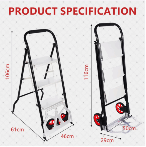 Aluminum Stool Ladder With 3 Steps  Reinforced  Up To 250kg + Hand Truck For Folding Load Up To 100kg - Image 2