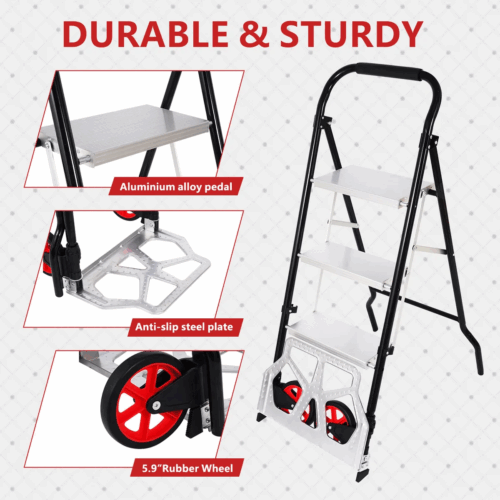Aluminum Stool Ladder With 3 Steps  Reinforced  Up To 250kg + Hand Truck For Folding Load Up To 100kg - Image 3