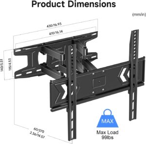 Full Motion TV Wall Mount for 32-60 Inch TVs, Swivel & Tilt Adjustable Bracket, Dual Articulating Arms, Fits 16" Studs, Max VESA 400x400mm, Supports Up to 99lbs