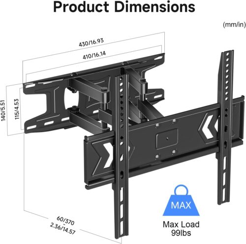 Full Motion TV Wall Mount for 32-60 Inch TVs, Swivel & Tilt Adjustable Bracket, Dual Articulating Arms, Fits 16" Studs, Max VESA 400x400mm, Supports Up to 99lbs