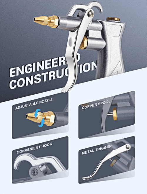 Industrial Air Blow Gun with Brass Adjustable Air Flow Nozzle and 2 Steel Extension, Pneumatic Air Compressor Accessory Tool Dust Cleaning and Blower Gun - Image 5
