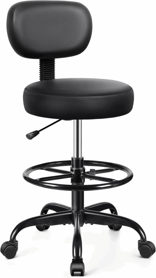 Drafting Chair with Backrest – Adjustable Foot Rest Rolling Stool with Wheels, PU Leather Swivel Stool for Office Spa Studio Lab Counter Salon Home Work Bar Kitchen Shop
