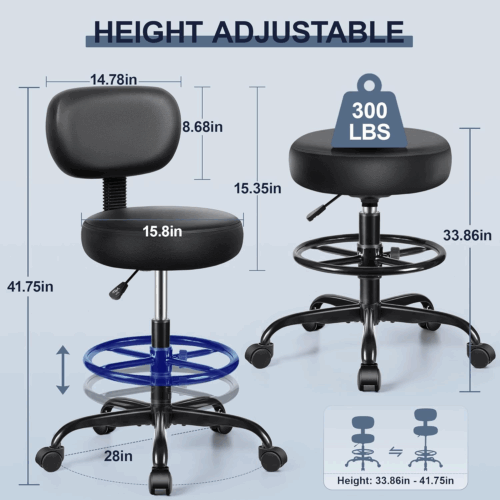 Drafting Chair with Backrest – Adjustable Foot Rest Rolling Stool with Wheels, PU Leather Swivel Stool for Office Spa Studio Lab Counter Salon Home Work Bar Kitchen Shop - Image 2