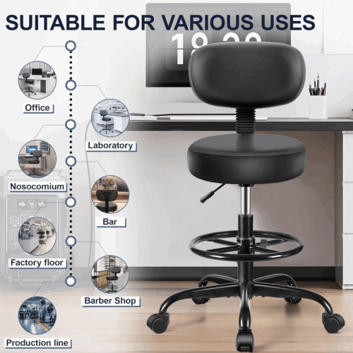 Drafting Chair with Backrest – Adjustable Foot Rest Rolling Stool with Wheels, PU Leather Swivel Stool for Office Spa Studio Lab Counter Salon Home Work Bar Kitchen Shop - Image 7