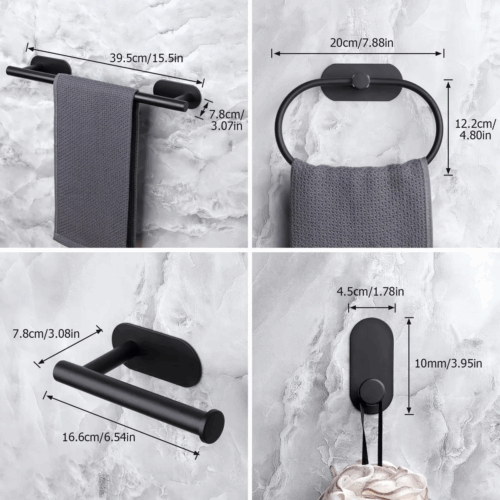 Bathroom Accessories Kit Adhesive Hanger Towel racks Paper towel holder Black - Image 2