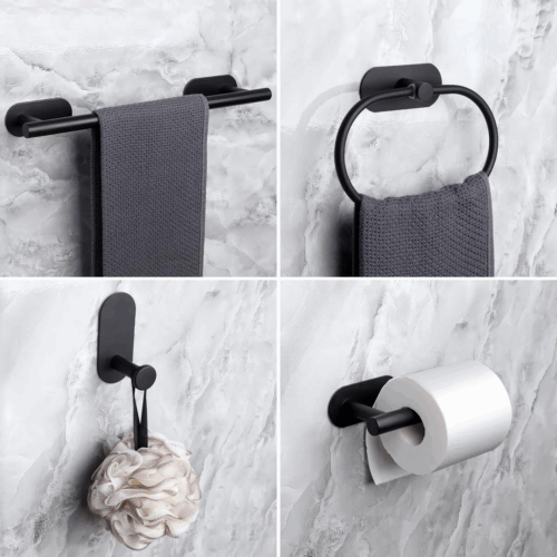 Bathroom Accessories Kit Adhesive Hanger Towel racks Paper towel holder Black - Image 3